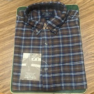 Muskoka Lakes LARGE Plaid men’s button down shirt Brown/black/white plaid NWT